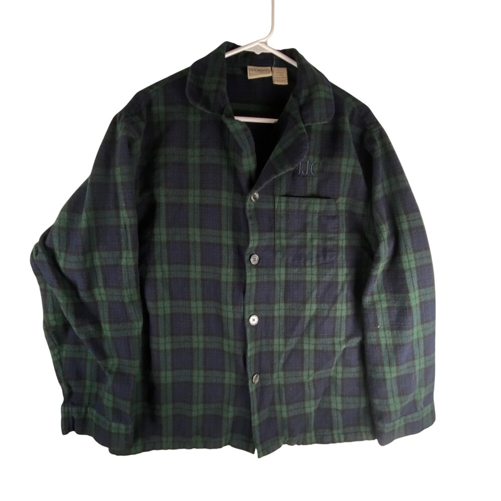 L.L.Bean Pajama Shirt Mens Medium Green Plaid JJC Monogram Sleepwear Lounge